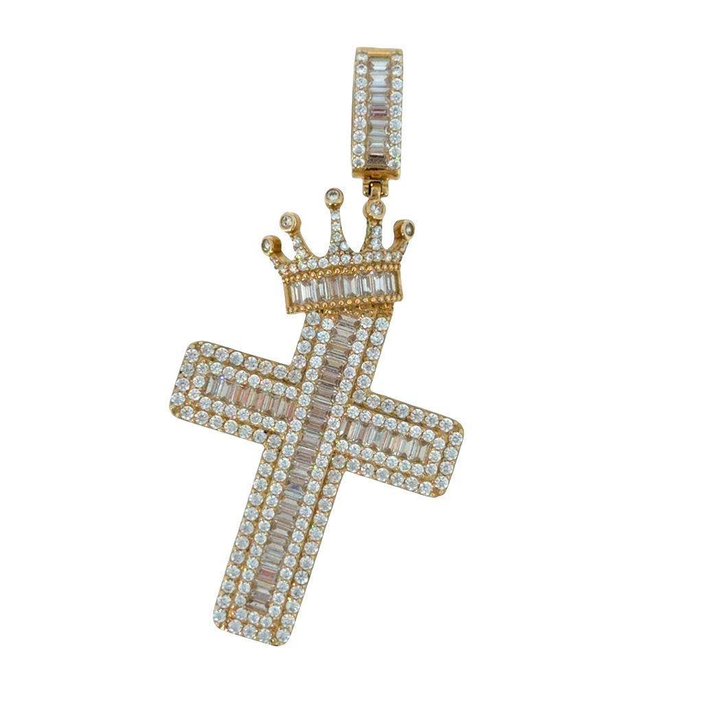 14K Gold Crown & Cross Pendant with CZ