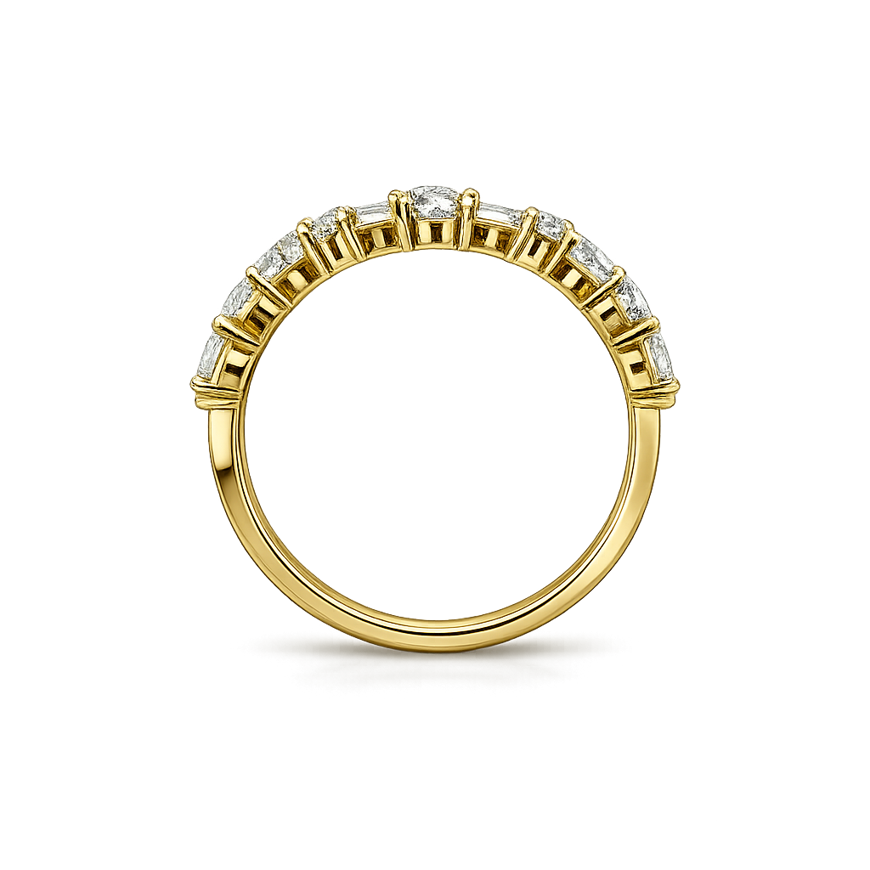 14K Solid Yellow Gold - 1.08 CTW Emerald & Round Lab Diamond Band Ring