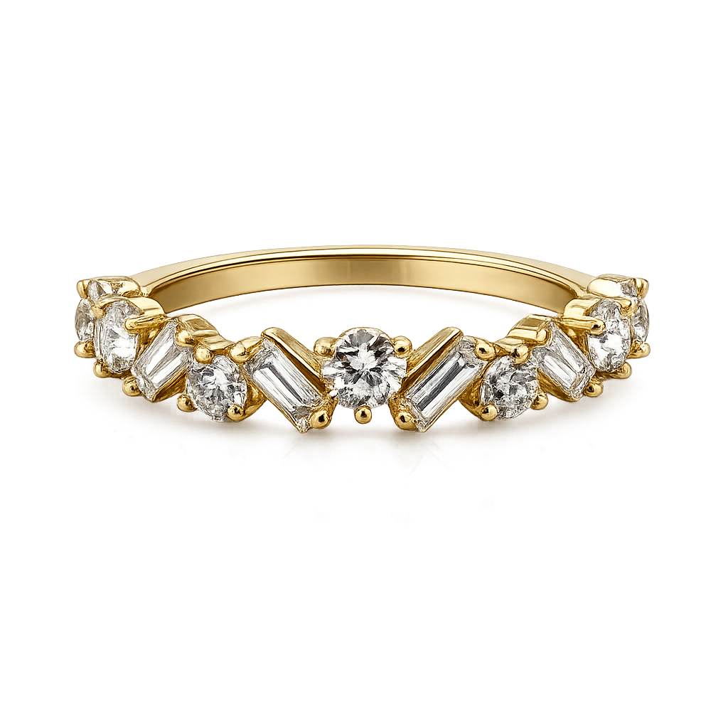 14K Solid Yellow Gold - 1.08 CTW Emerald & Round Lab Diamond Band Ring