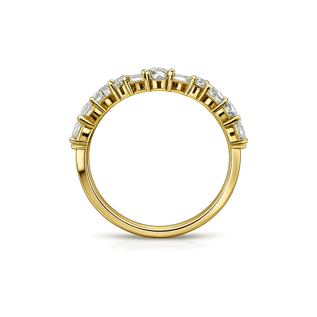14K Solid Yellow Gold - 1.08 CTW Emerald & Round Lab Diamond Band Ring