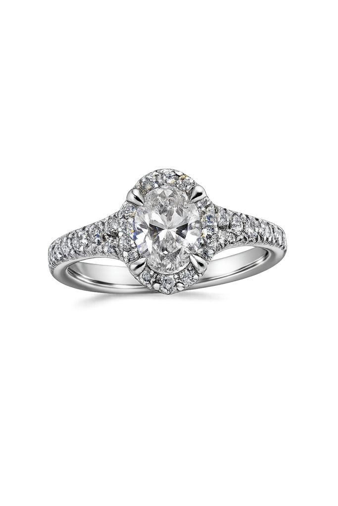 14K White Gold Oval Lab-Grown Diamond Halo Ring – 1.05 CT Center