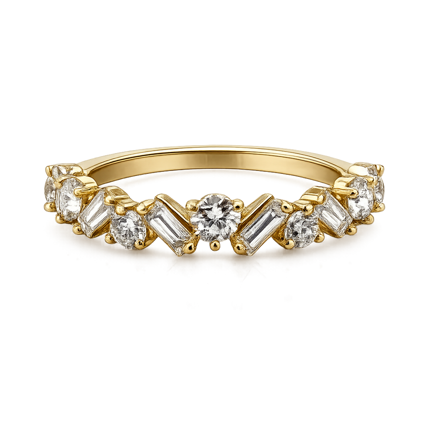 14K Solid Yellow Gold - 1.08 CTW Emerald & Round Lab Diamond Band Ring
